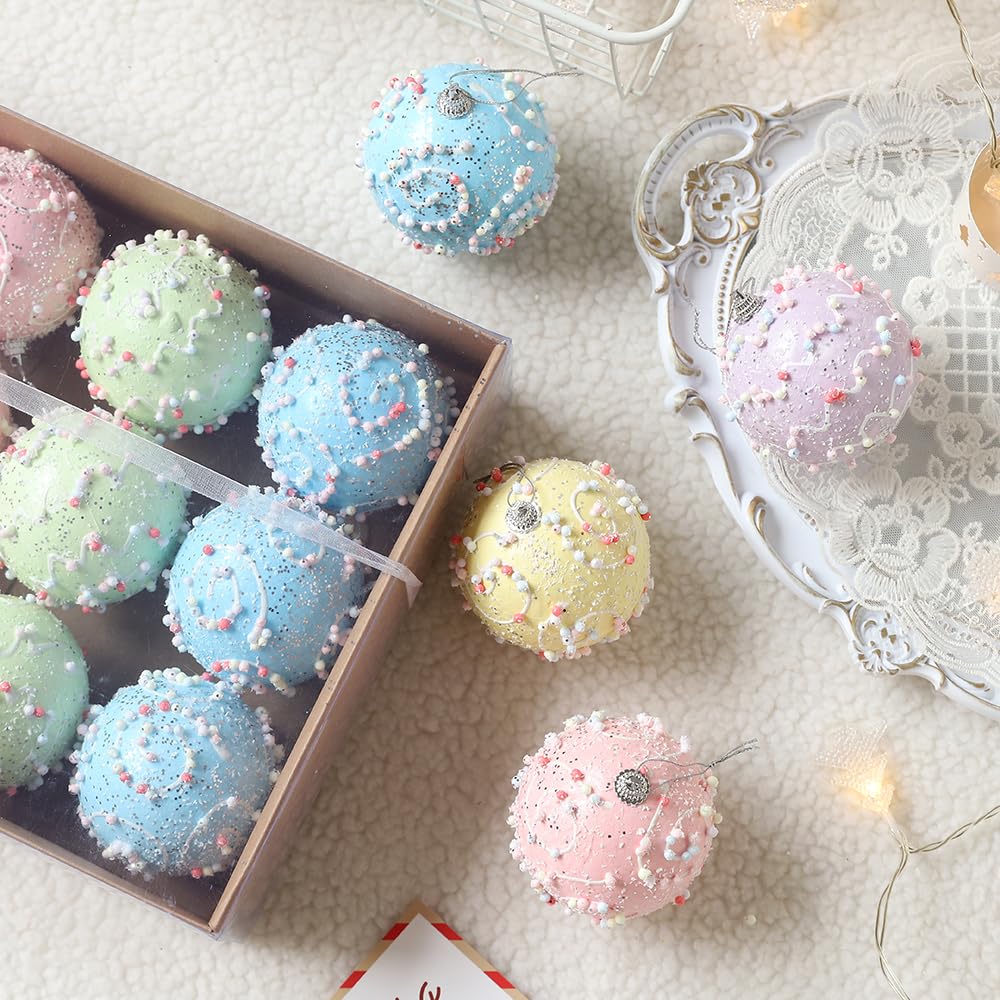 Pastel Christmas Tree Ornaments Decorations, 12 Pcs 3.1 Inch Macaron Shatterproof Foam Christmas Ball Ornaments Set, Christmas Tree Hanging Pendants Xmas Tree Decoration