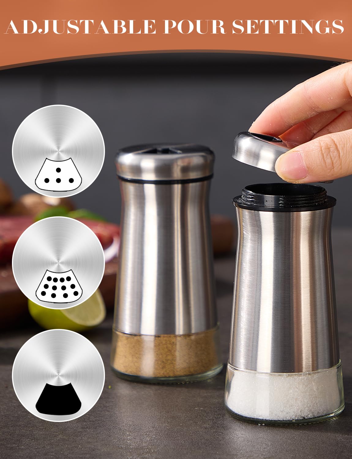 Salt and Pepper Shakers 2pcs with Adjustable Pour Holes Stainless Steel Salt Shaker and Pepper Shaker