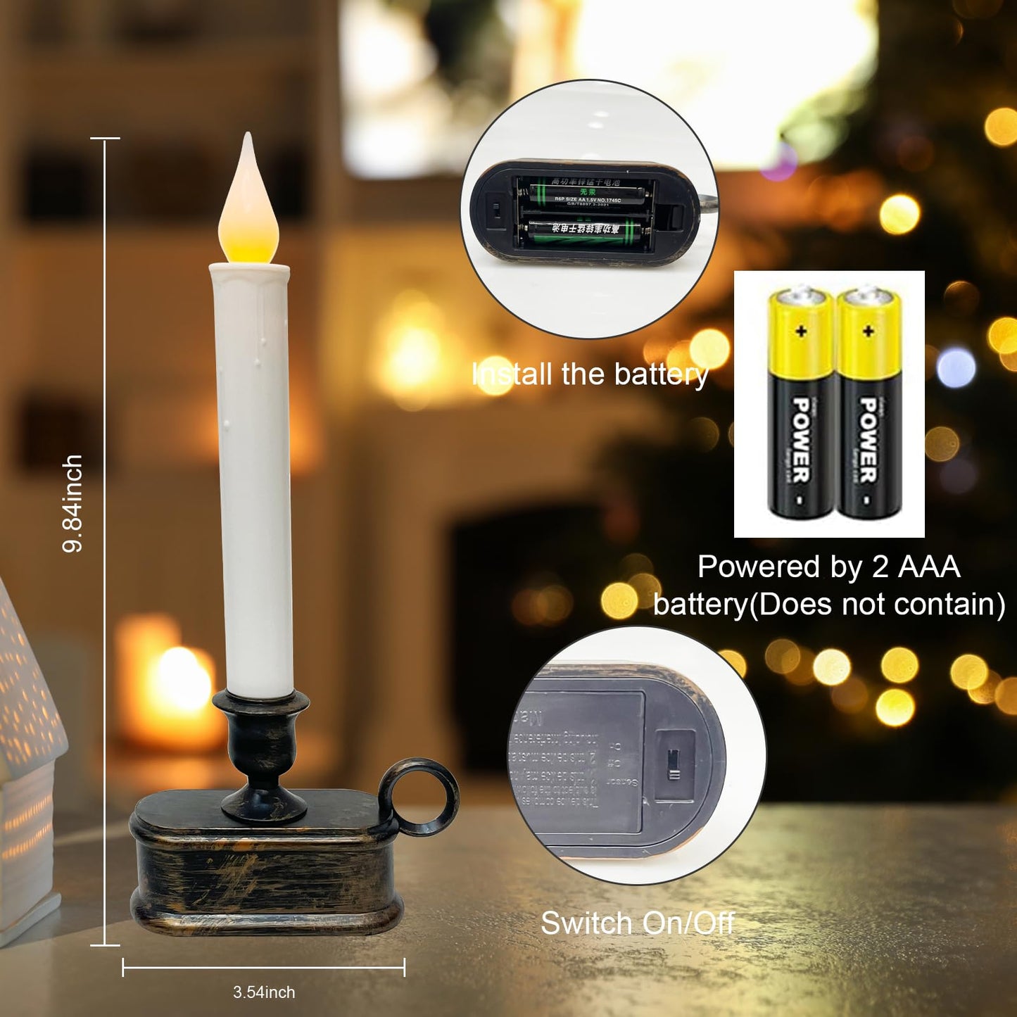4 Pcs Christmas Window Candles with LED Electric Candles Flickering Lights, 10 Inch Battery Operated Candle with Sensor Dusk to Dawn for Table Party Christmas Decoration,Bronze Base