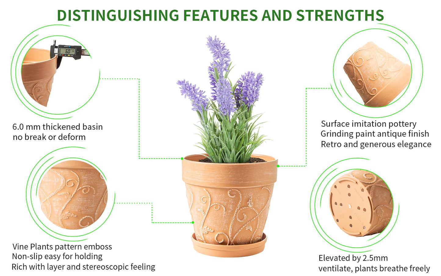 Melphoe Plant Pots Indoor with Drainage & Saucer, 2Pack 7/8 inch Flower Pots Outdoor Planters for Indoor Plants Garden Home Decor Cactus Succulent, Rigid Plastic (Imitation-Terracotta) Vine-Embossed