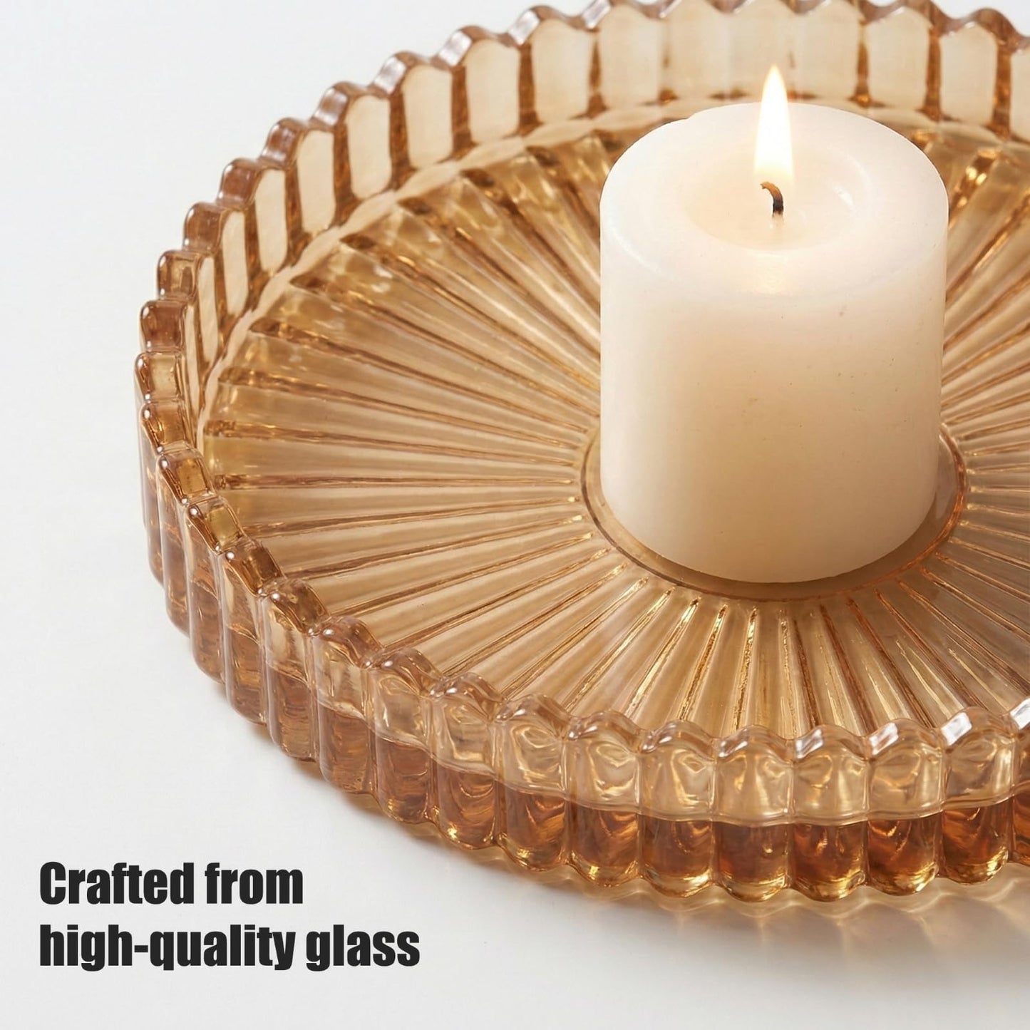 3PCS Amber Ribbed Glass Jewelry Tray, Coasters & Pillar Candle Holders