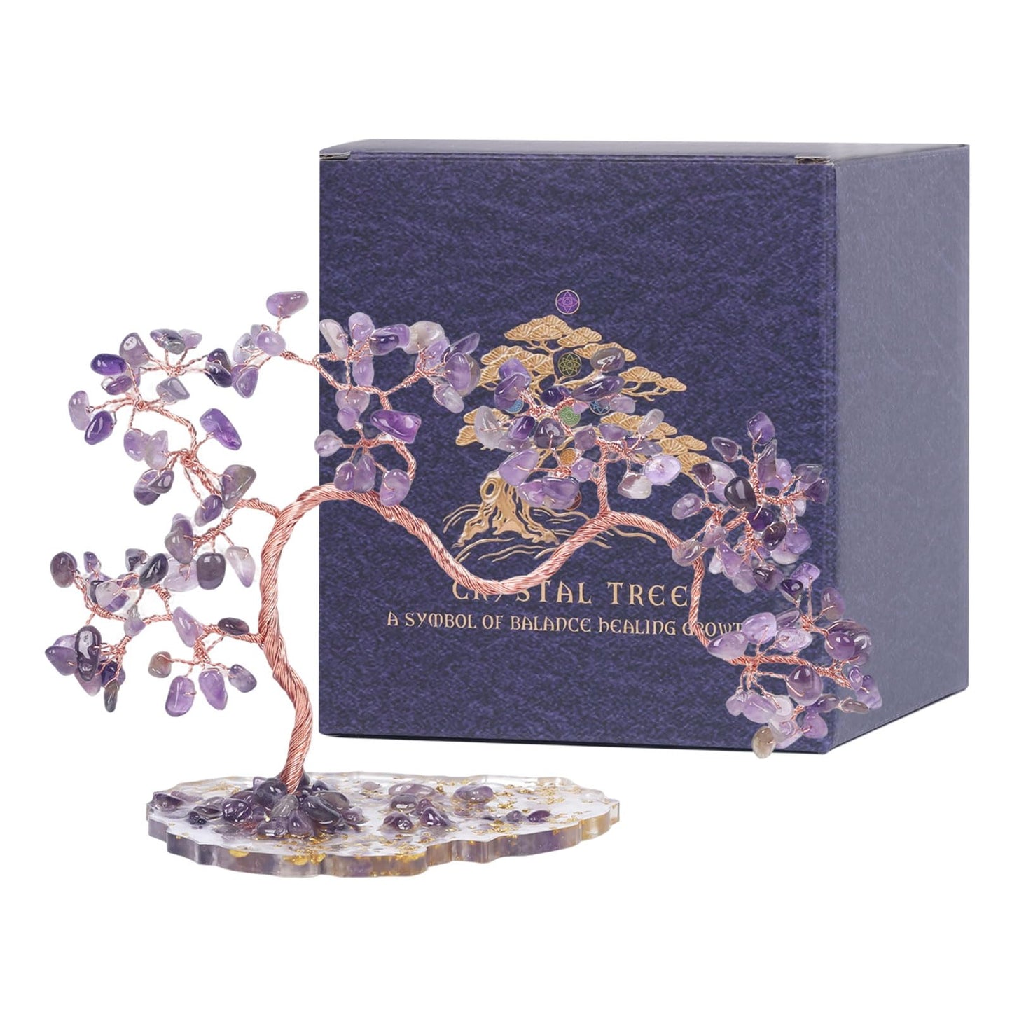 Pretty Jolly 7 Chakra Healing Stones Purple Crystals Tree of Life Positive Energy Gemstone Money Tree Spiritual Meditation Reiki Gifts with Acrylic Glue Base for Home,Office,Desk Feng Shui Décor