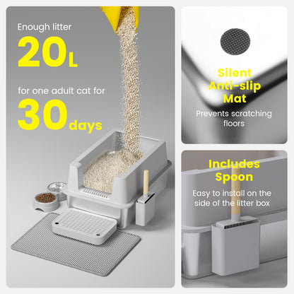 Stainless Steel Cat Litter Box - Enclosed XL Metal Kitty Litter Box with Lid for Big Cats, High Sided, Anti-Leakage, Easy Cleaning, Non-Sticky, Included Litter Mat, Cat Bowl & Spoon