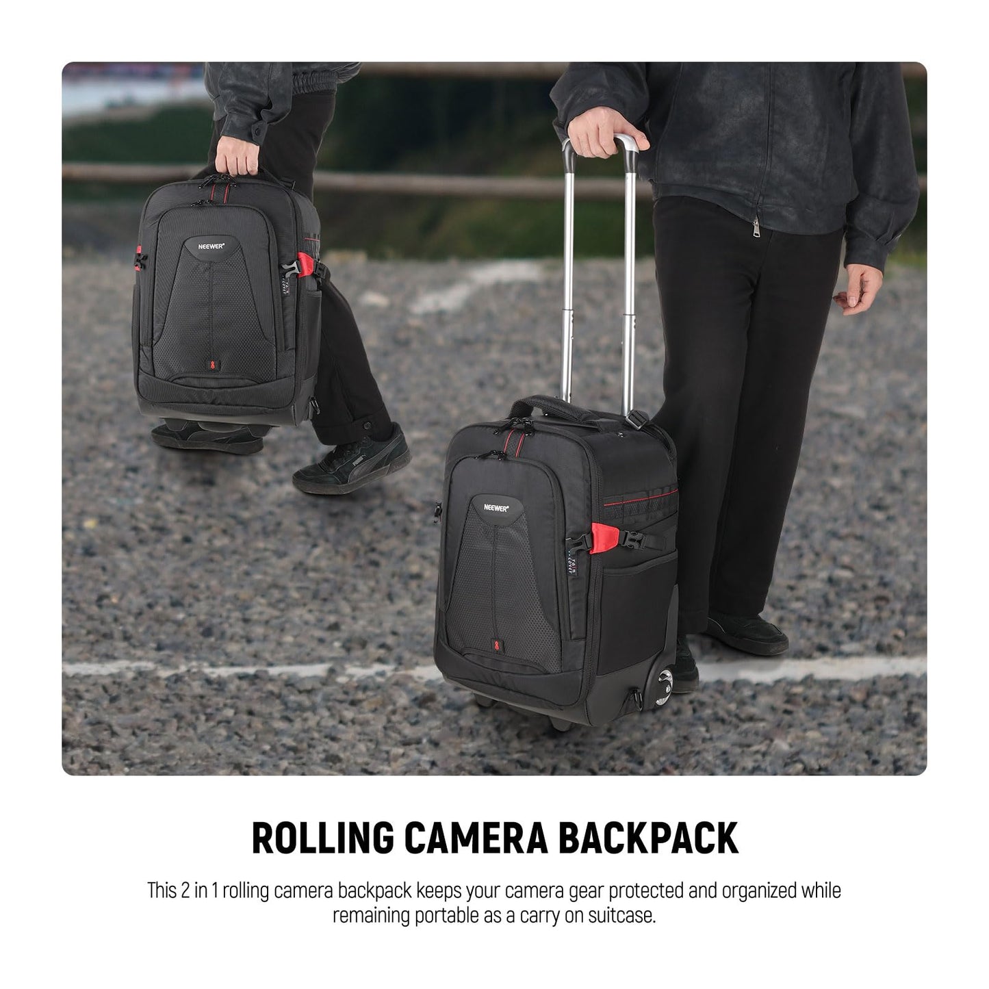 Neewer 2-in-1 Rolling Camera Backpack Trolley Case - Anti-Shock Detachable Padded Compartment, Hidden Pull Bar, Durable, Waterproof for Camera,Tripod,Flash Light,Lens,Laptop for Air Travelling(Black)