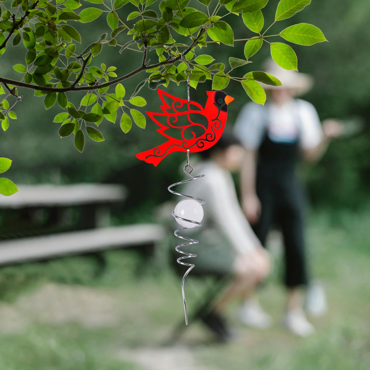 Topadorn Cardinal Wind Spinner with Crystal Glass Ball, 18" Metal Hanging Bird Spinner for Garden, Patio, Porch & Memorial Outdoor Decor
