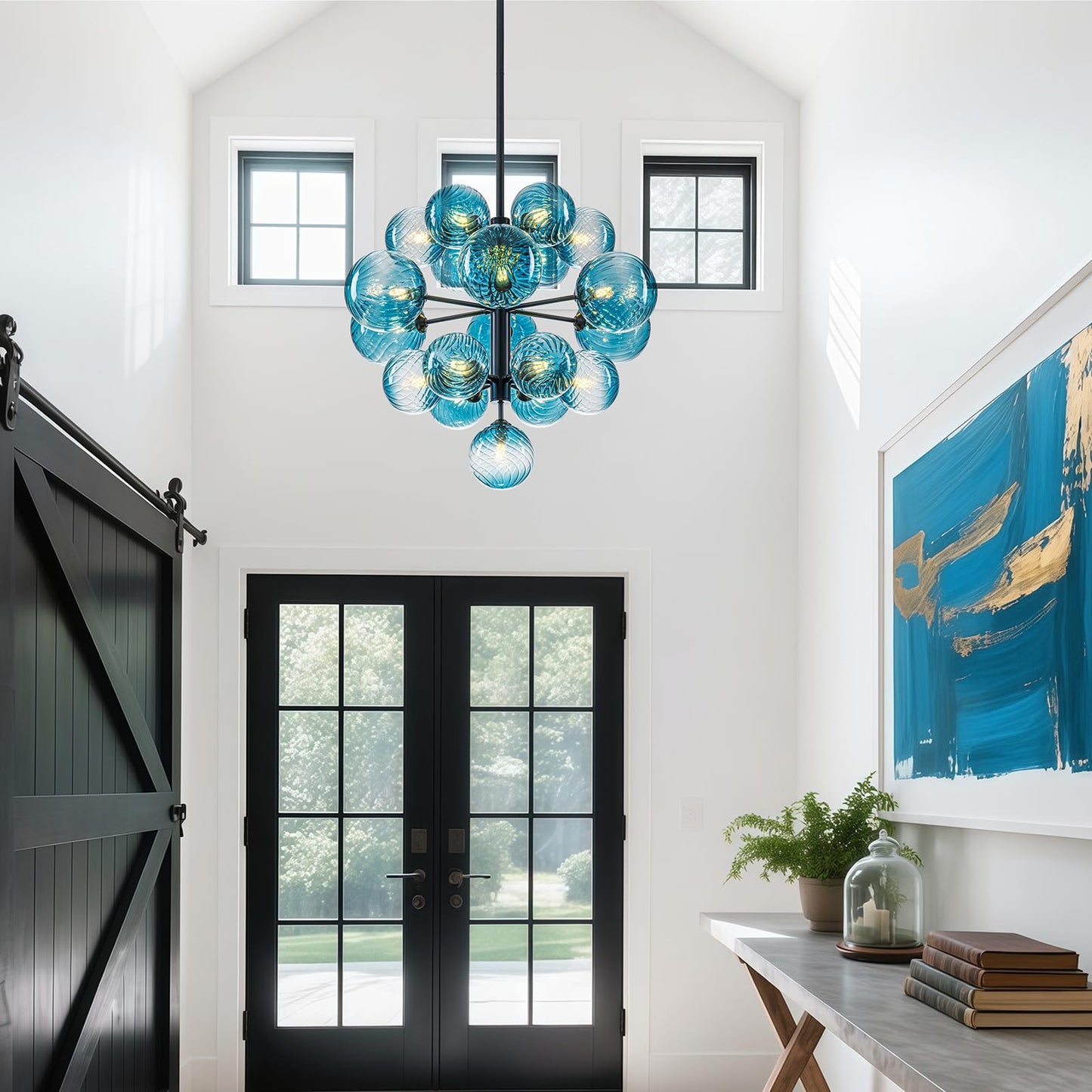 19-Light Blue Glass Bubble Chandelier Light Fixture, 24" Large Foyer Lighting Fixtures, Adjustable Black Mid Century Modern Sputnik Chandeliers for Dining Room Chandelier over Table, G9 Bulb Base