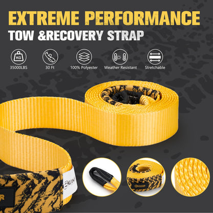 BUNKER INDUST Off-Road Traction Boards with Jack Lift Base (Gen 9) Orange + 3" x 30ft Tree Saver Winch Strap 35,000 lbs Recovery Straps