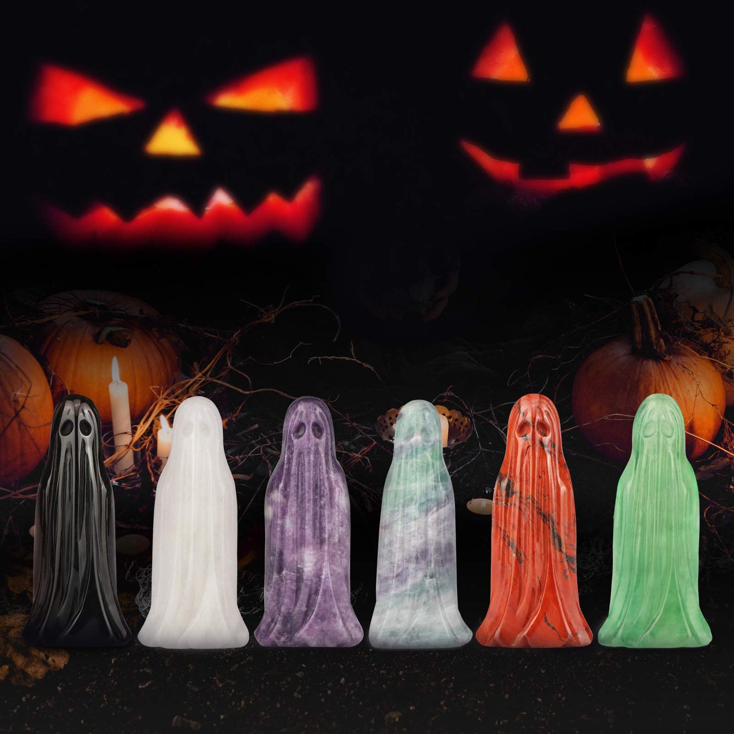 Artistone 3.0" Black Obsidian Halloween Crystal Ghost Carving Statue Figurine Hand Carved Gemstone Ghost Collectibles Sculpture Stone for Carnival Party Decoration with Gift Box