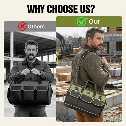 Tool Bag, Ounic 18 Inch Large Tool Tote Bag Heavy Duty With Waterproof Molded Base, Wide Mouth Tool Box Organizer with Adjustable Shoulder Strap for Electrician Mechanic Craftsman Plumbers(Green)