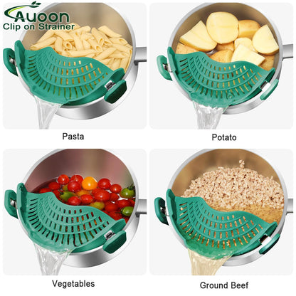 AUOON Clip On Strainer Silicone for All Pots and Pans, Pasta Strainer Clip on Food Strainer for Meat Vegetables Fruit Silicone Kitchen Colander