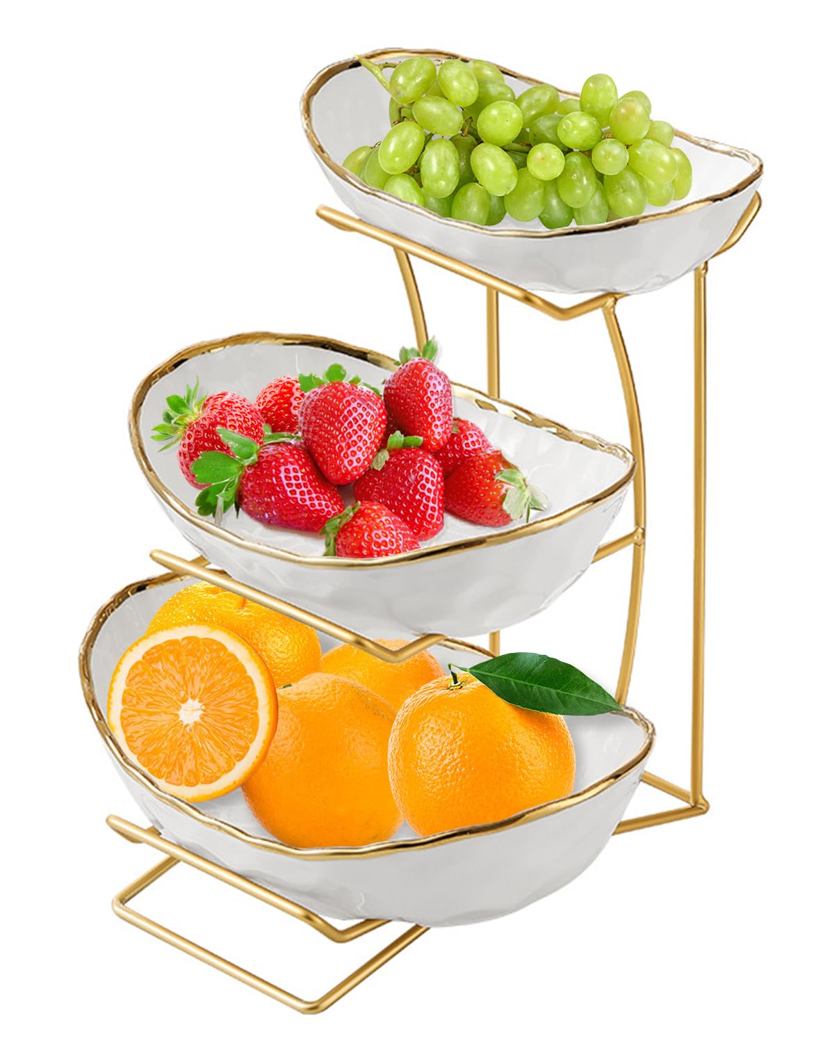 Niuirt Fruit Bowl for Kitchen Counter, 3-Tier Fruit Basket, Ceramic Fruit Bowl with Metal Stand for Fruit, Vegetable Storage, Snack, Nuts, Dessert, Cake, Stylish & Cute