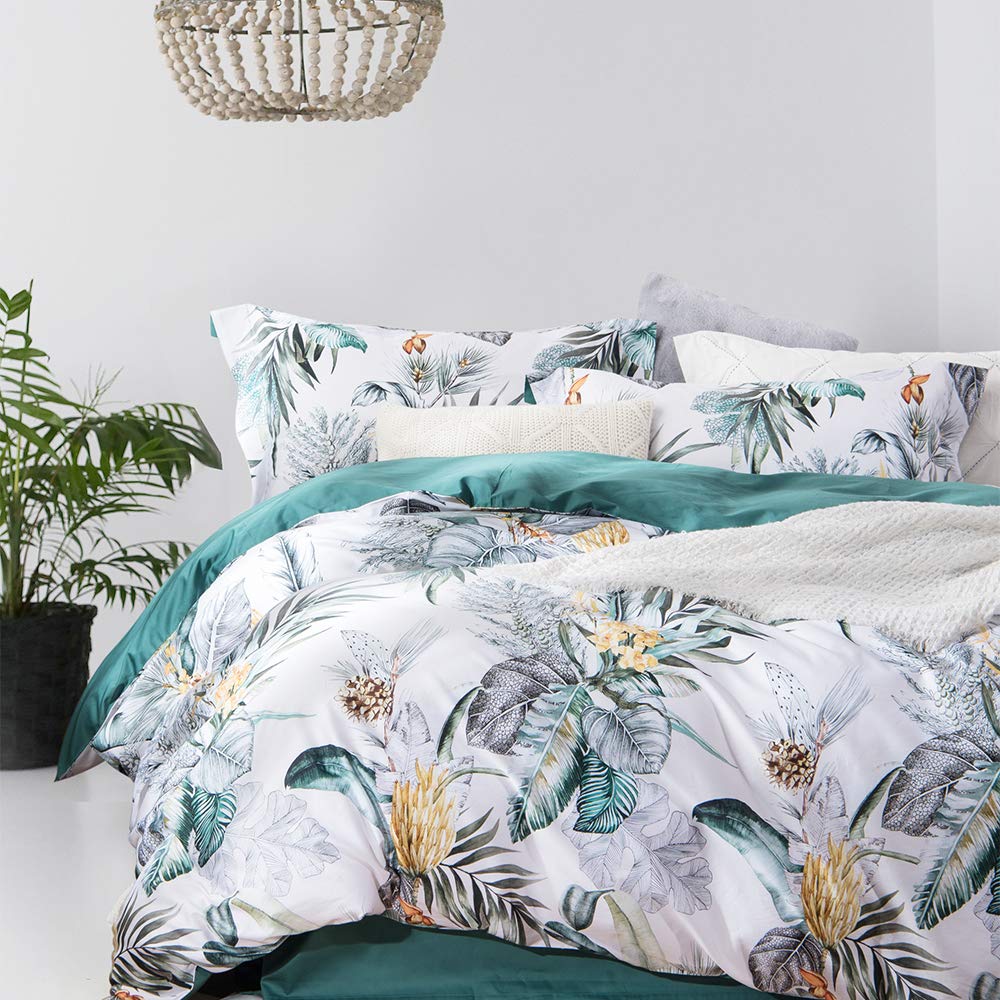 MILDLY 100% Long Staple Cotton King Duvet Cover 3 Pieces Set Summer Tropical Plantain and Floral Pattern Comforter Cover Set