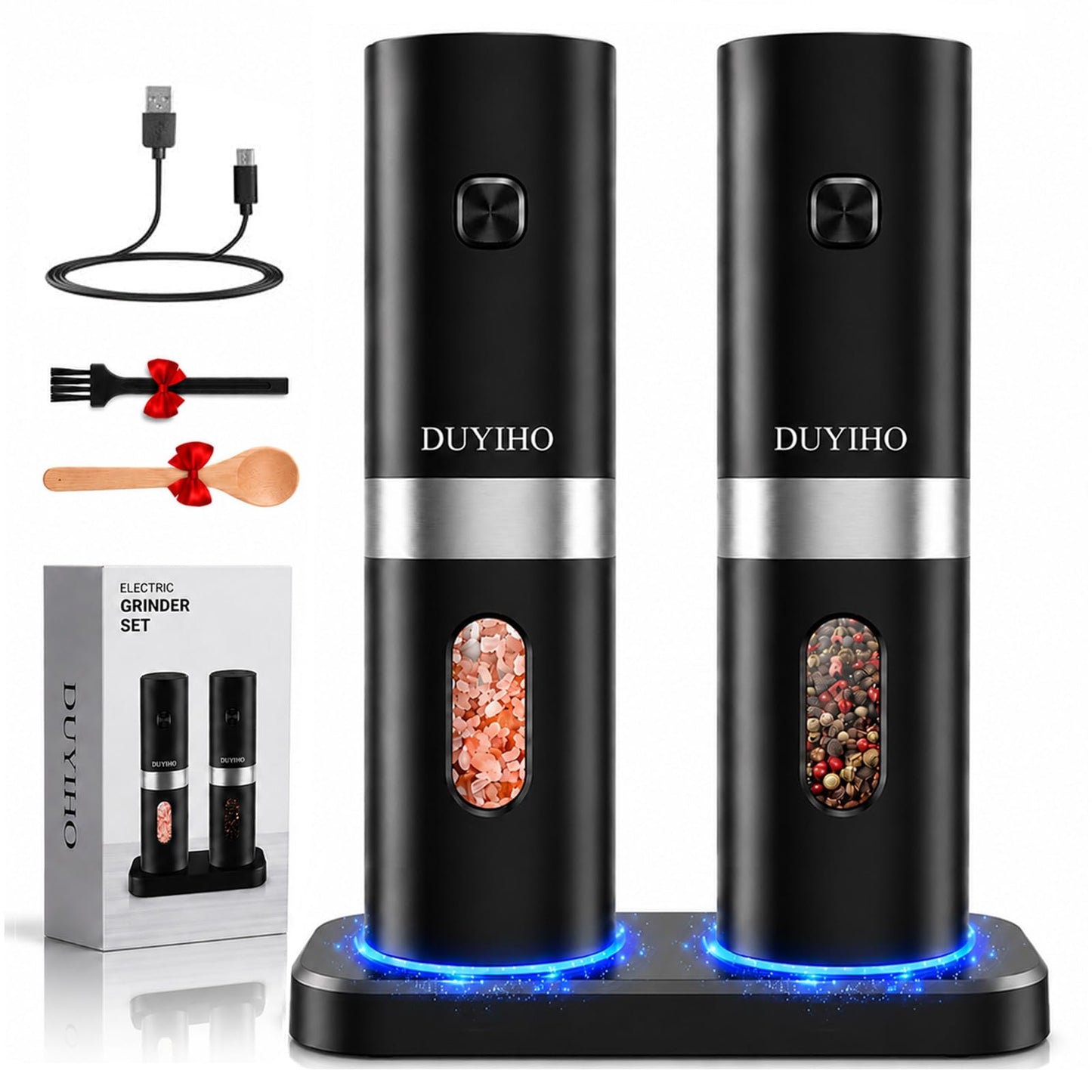 Rechargeable Electric Salt and Pepper Grinder Set with Double Charging Base, Support Battery Operated, Refillable Spice Automatic Mill Shakers Set with Adjustable Coarseness and LED Light