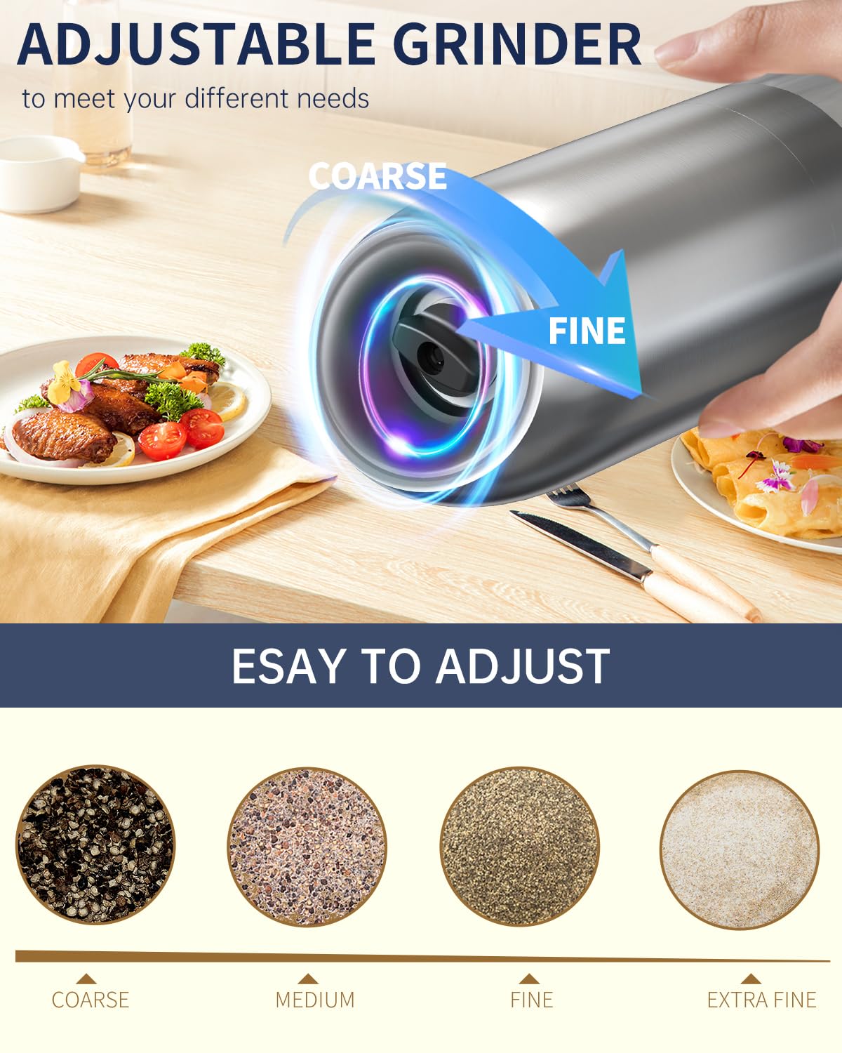 CIRCLE JOY Gravity Electric Salt and Pepper Grinder Set Battery Powered Stainless Steel Pepper Mill Grinder with 176ml Container, Adjustable Coarseness, Bright LED Light and One Hand Operation, Silver