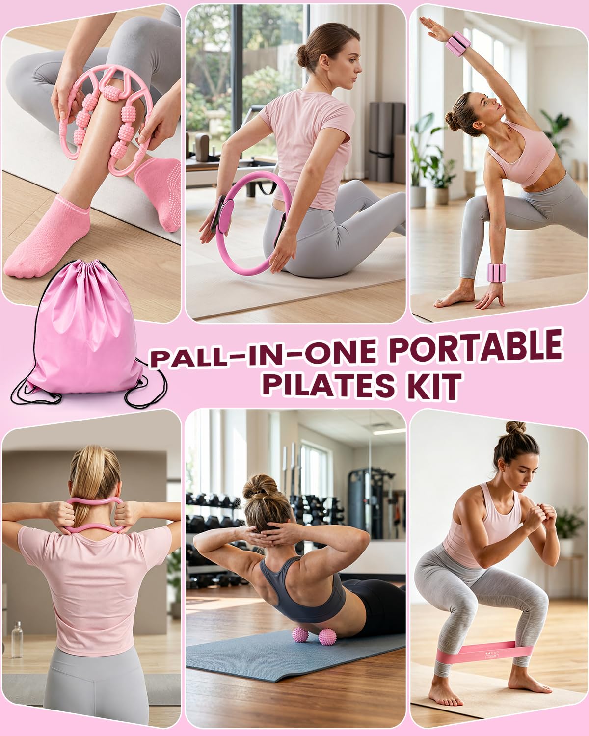 Pilates Kit 24PCS for Women, Pilates Equipment Ring Ball Set with Magic Circle,Resistance Bands Yoga Strap Wrist Ankle Weights Accessories for Beginner Home Fitness Gym Workout(Pink)