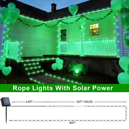 QITONG 2 Pack Green Solar Rope Lights, Each 33ft 100 LED String Lights Outdoor, 8 Modes Fairy Lights in Clear PVC Tube