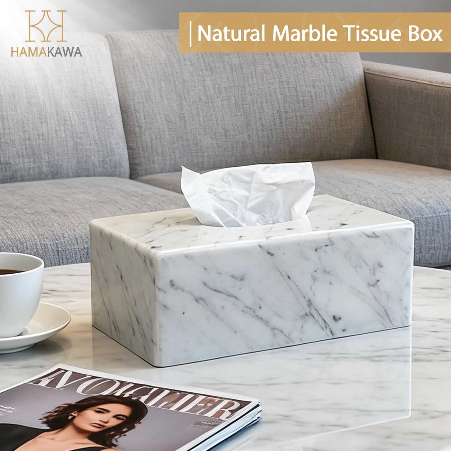 HAMAKAWA Natural Marble Tissue Box Cover, Carrara White Tissue Organizer 10 x 5.7 x 3.5 inch, Heavy Stone Decorative Box, Rectangle Tissue Box Holder for Home Decor, Kitchen, Bathroom, Bedroom