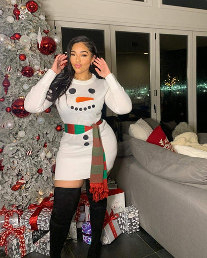 Tipsy Elves Christmas Sweater Dresses for Women - Cute Winter Themed Dresses - Instant Holiday Outfits - Women's Easy White Snowman Scarf Christmas Sweater Dress Size Medium