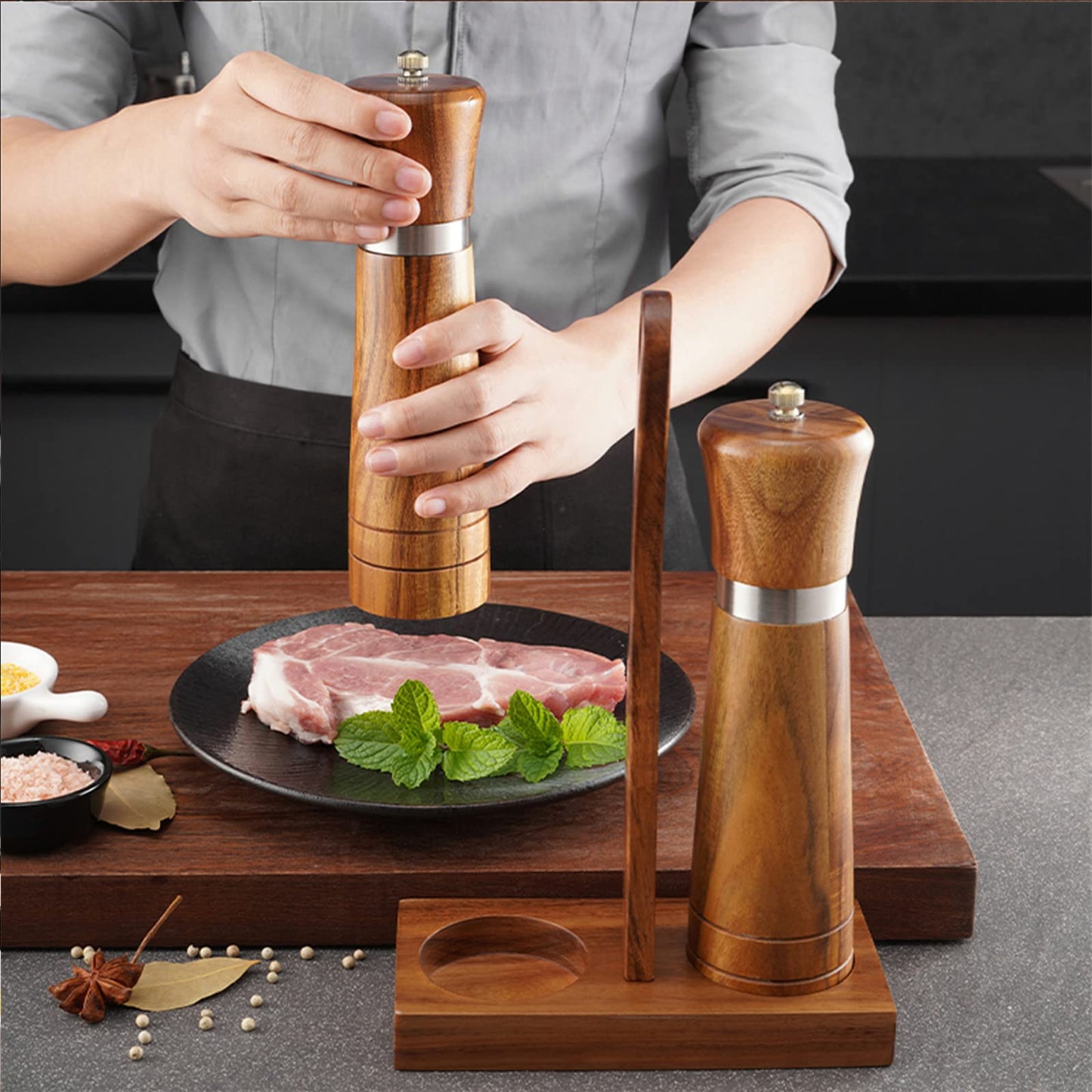 Ninefish Wooden Salt and Pepper Grinder Kit,Wood pepper mill,8-inch manual Teak Wooden Salt and Pepper Shakers, Pepper and salt grinders are combined with Wooden Stand Holder Tray and Wooden Spoon
