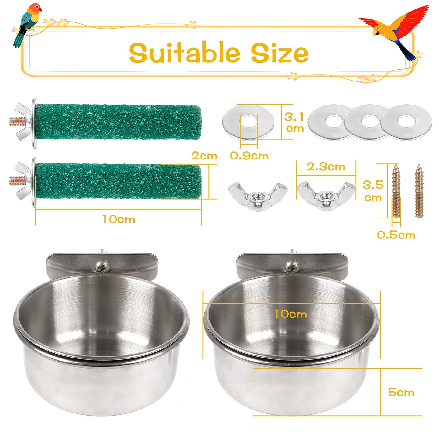 2 Pieces Bird Feeding Dish Cups, Stainless Steel Bird Bowl with 2 Pieces Stand Perch Cage Cup Holder with Clamps Parrot Food Bowl for Cage