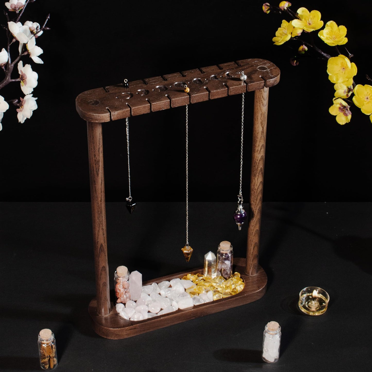Kihomi Pendulum Display Stand with Tray - Wooden Necklace Stand, Crystal holder for 17 Pendulums and Pendants - Aesthetic Witchy Decor, Witchcraft and Wiccan Supplies for Your Spiritual Space (Brown)