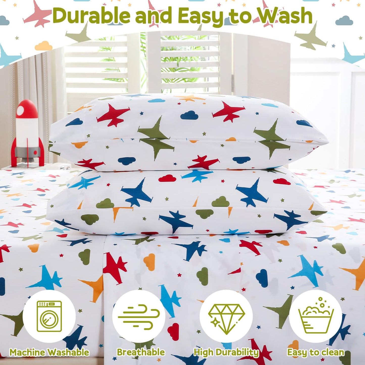 ChicView Queen Sheet Set Kids,4 Pieces Breathable Soft Microfiber Bedsheets for Child Boys Girls, Anti Pilling Deep Pockets Easy Care Bed Sheets, Aircraft
