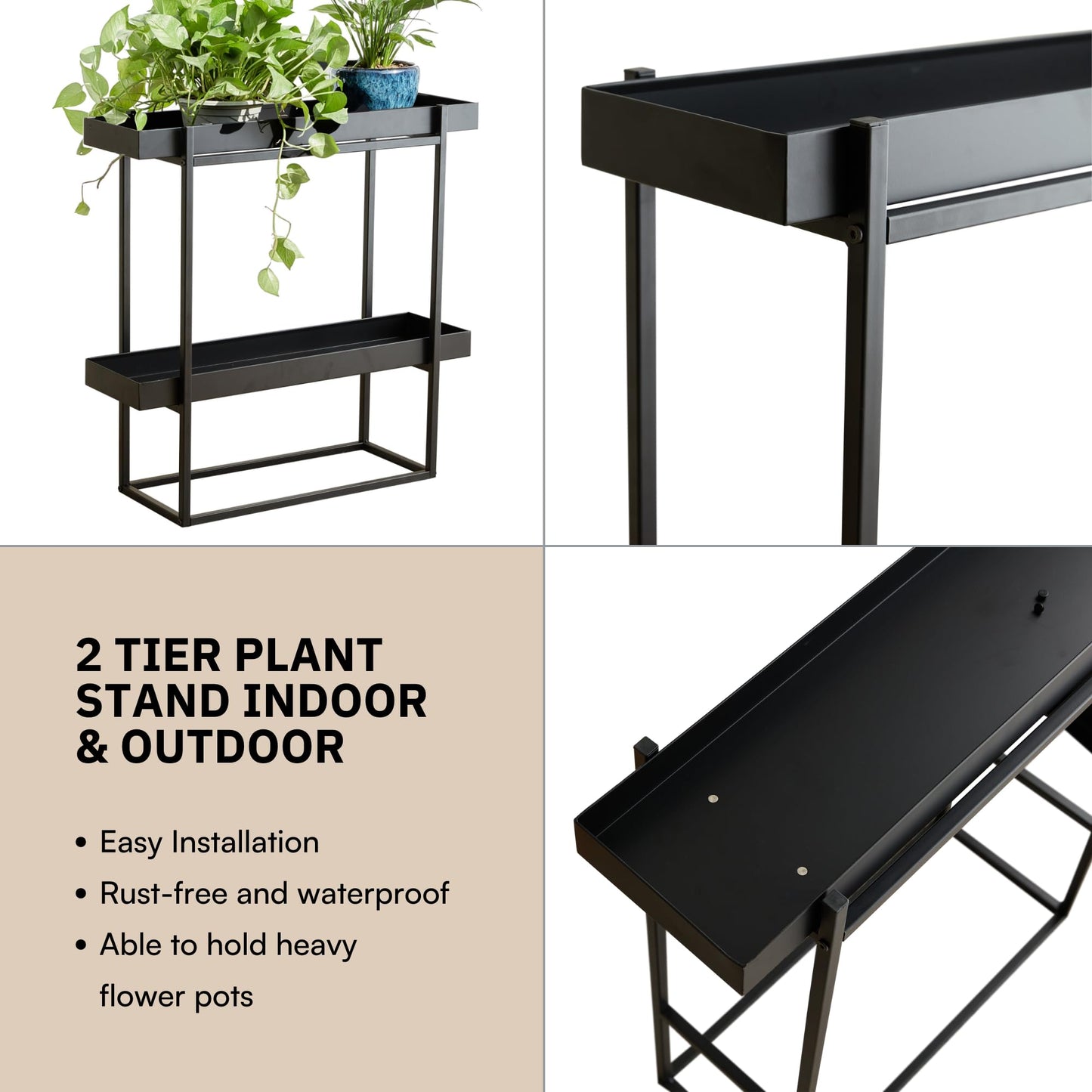 Levende Plante 2 Tier Plant Stand Indoor Outdoor - 29 x 9 x 28 Inches Plant Shelf for Home and Office Decor - Narrow Plant Stand for Lawn, Patio, Balcony and Living Room - Heavy Duty Iron - Black