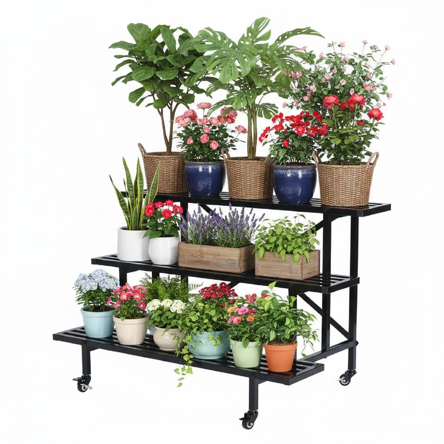 Yunphia US 3-Tier Metal Plant Stand, 45.56”L x 26”W x 23.6”H - Heavy-Duty Rolling Tiered Plant Display Rack for Indoor, Outdoor & Patio Use