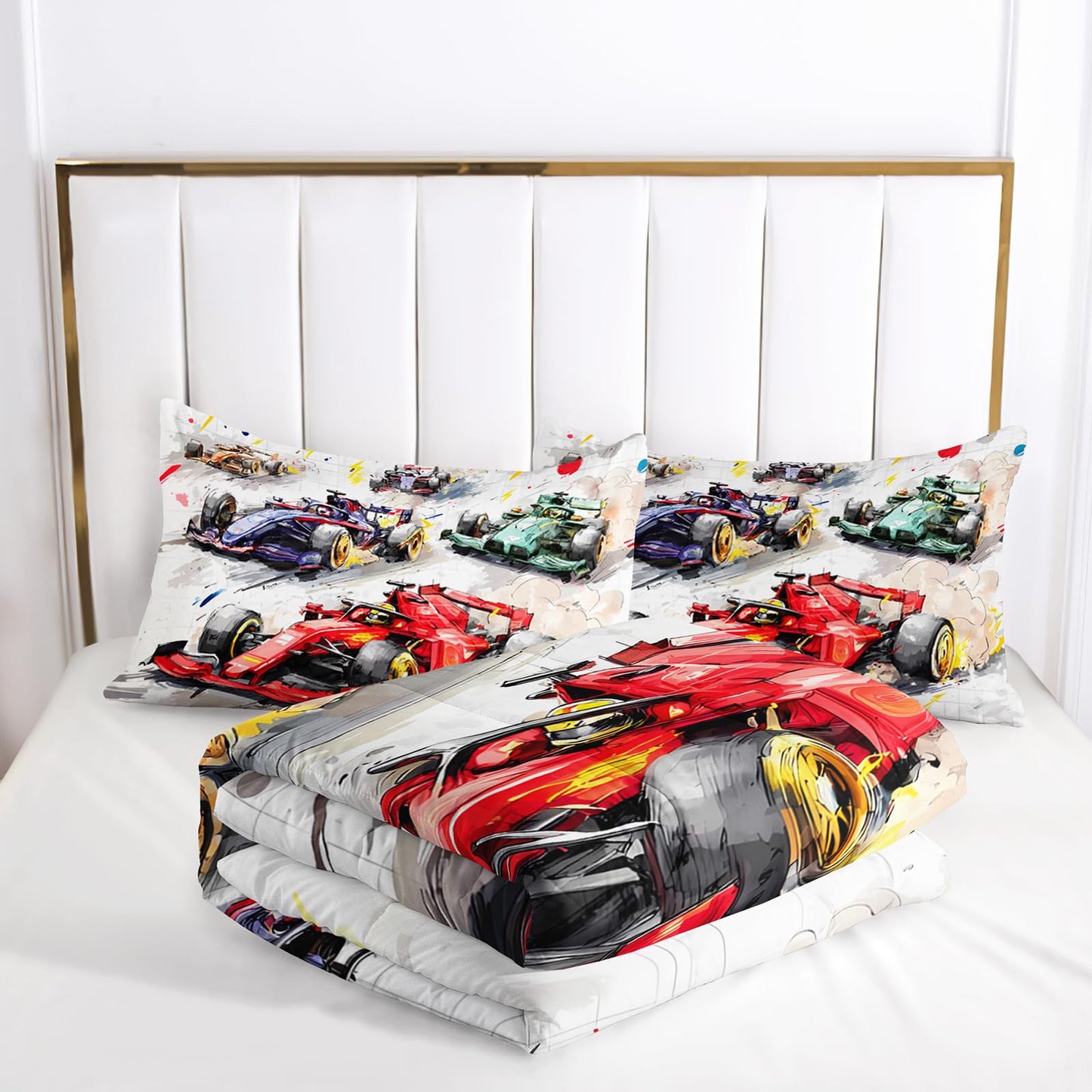 lneffble Race Car Comforter Twin Size,Race Car Kids Comforter Set,3Pcs Bedding Set Printed Comforter with 2 Pillowcases,Down Alternative,Soft and Lightweight,for All Seasons