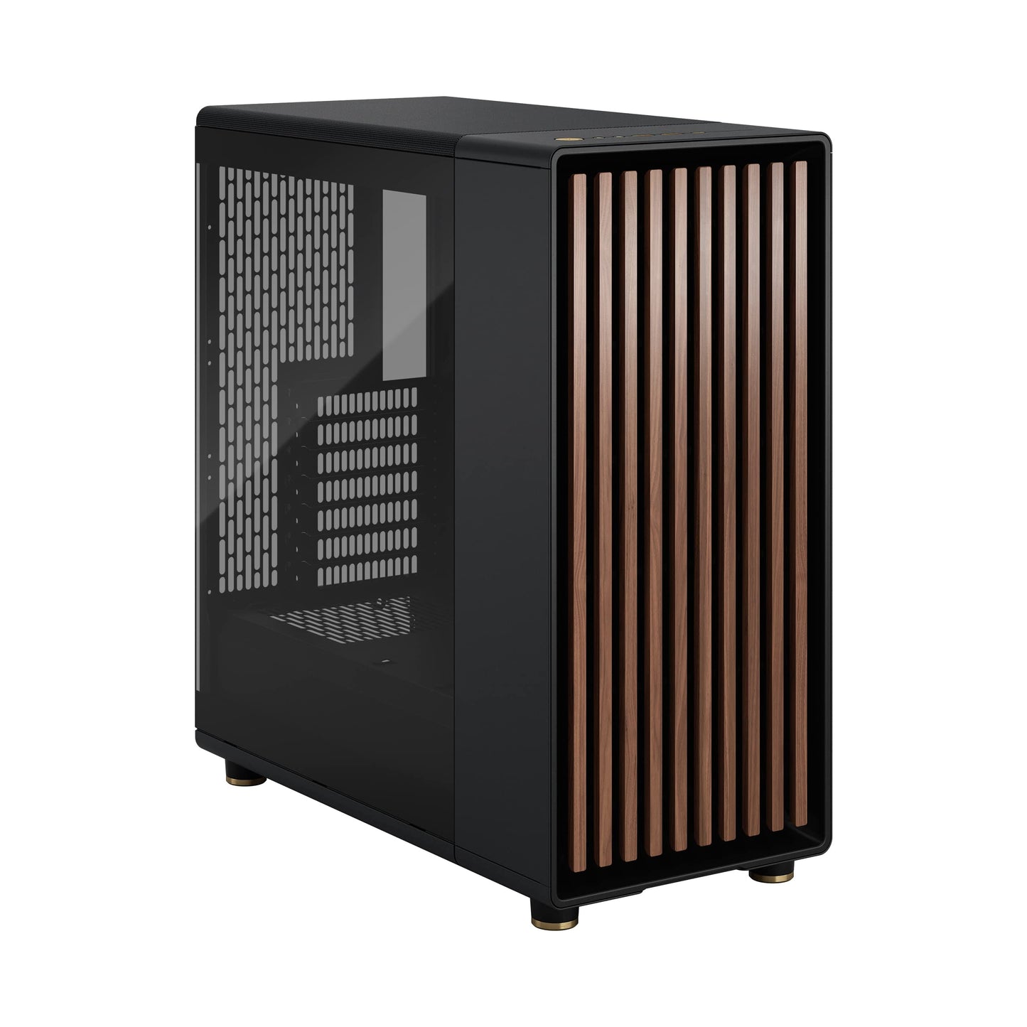 Fractal Design North Charcoal Black Tempered Glass Dark - Wood Walnut front - Glass side panel - Two 140mm Aspect PWM fans included - Type C USB - ATX Airflow Mid Tower PC Gaming Case