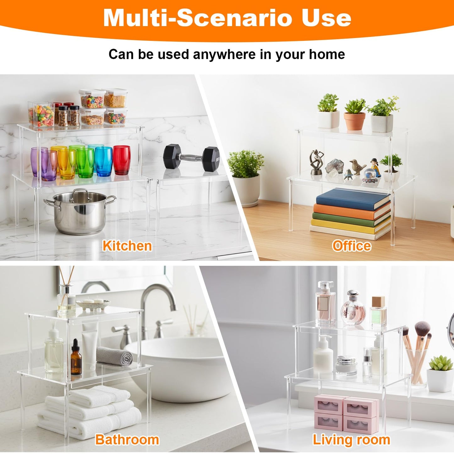 Afcabakila 4 Pcs Clear Acrylic Cabinet Organizer Shelves, Stackable Spice Rack & Shelf Riser for Kitchen Pantry, Countertop, Bathroom, Desk & Cupboard Storage, Versatile Display Organizer for Makeup