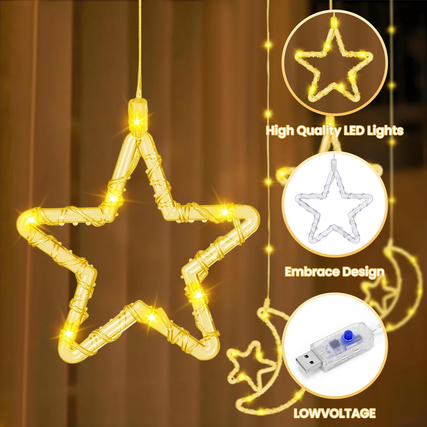 BomKra 130 LED Star Moon Curtain Decorative Lights, Ramadan Window Curtain Fairy String Lights, Remote Control & USB Plug, 8 Lighting Modes, for Indoor, Home Holiday, Party, Ramadan Decorations