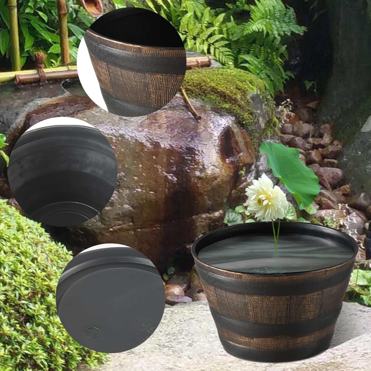 YI 4 Pack Whiskey Barrel Garden Planters 13” Rustic Oak Resin Planter for Indoor & Outdoor Plant Flower Pot