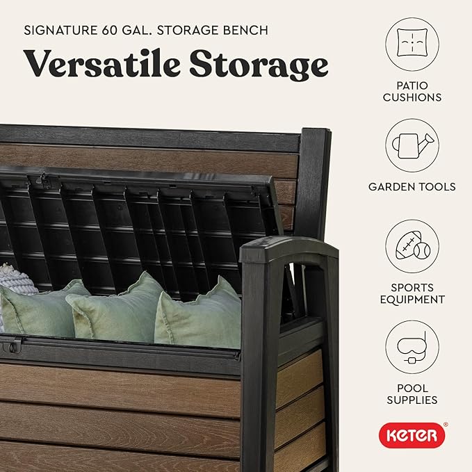 Keter Signature 60 Gallon Storage Bench Deck Box for Patio Furniture, Front Porch Decor and Outdoor Seating – Perfect to Store Garden Tools, Walnut