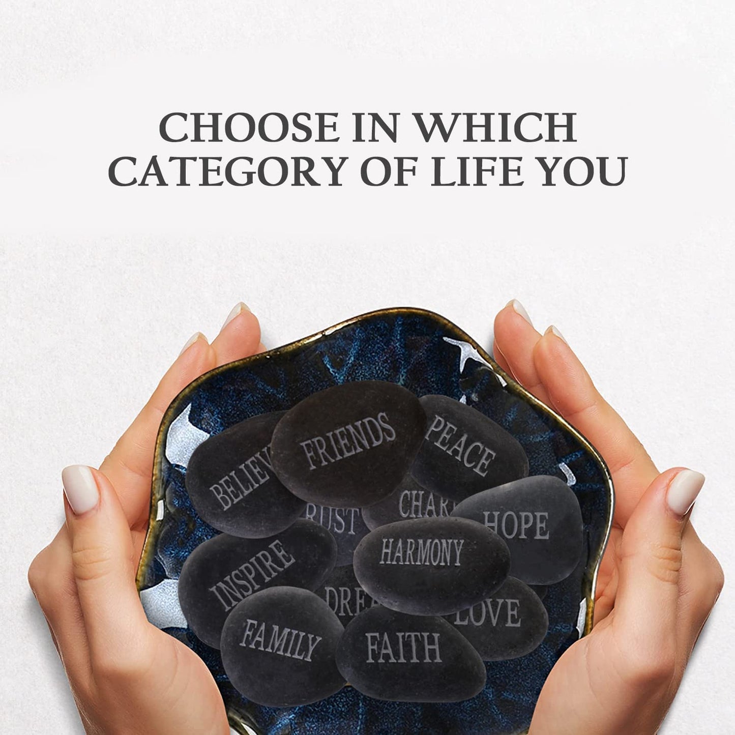 12PCS DIY Rocks for Engraved Inspirational Polished Garden Stones, Natural Encouragement Personalized Healing Decor River Stone - Unique Gift for Friends Arts Crafts (12 Different Words) (Black)