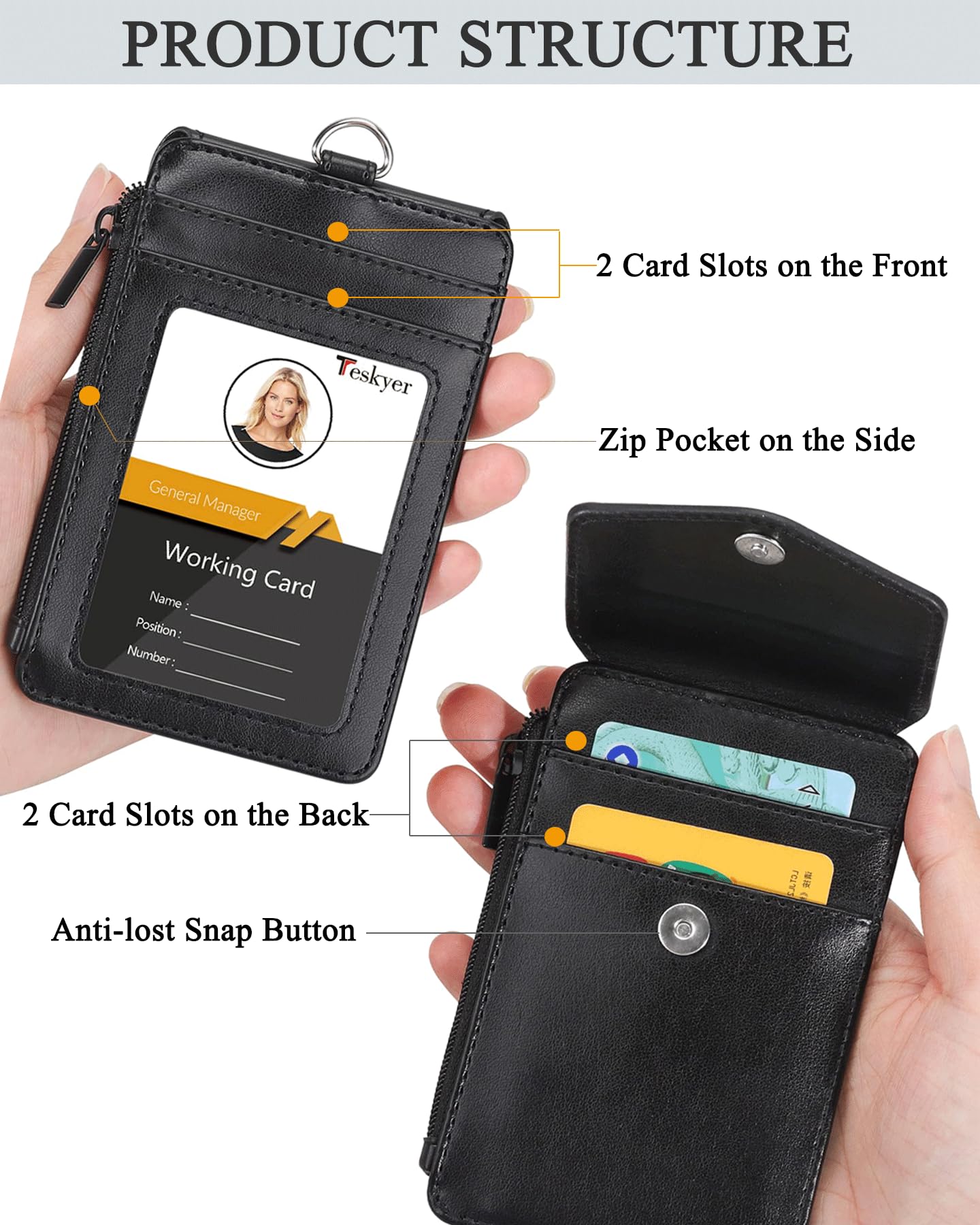 Teskyer ID Badge Holder with Lanyard, 1 Zip Pocket and 4 Card Slots, Lanyard ID Card Holder Wallet for Office School Work Badges, Cruise Ship Cards, Hotel Key Cards, Pass Cards - Black