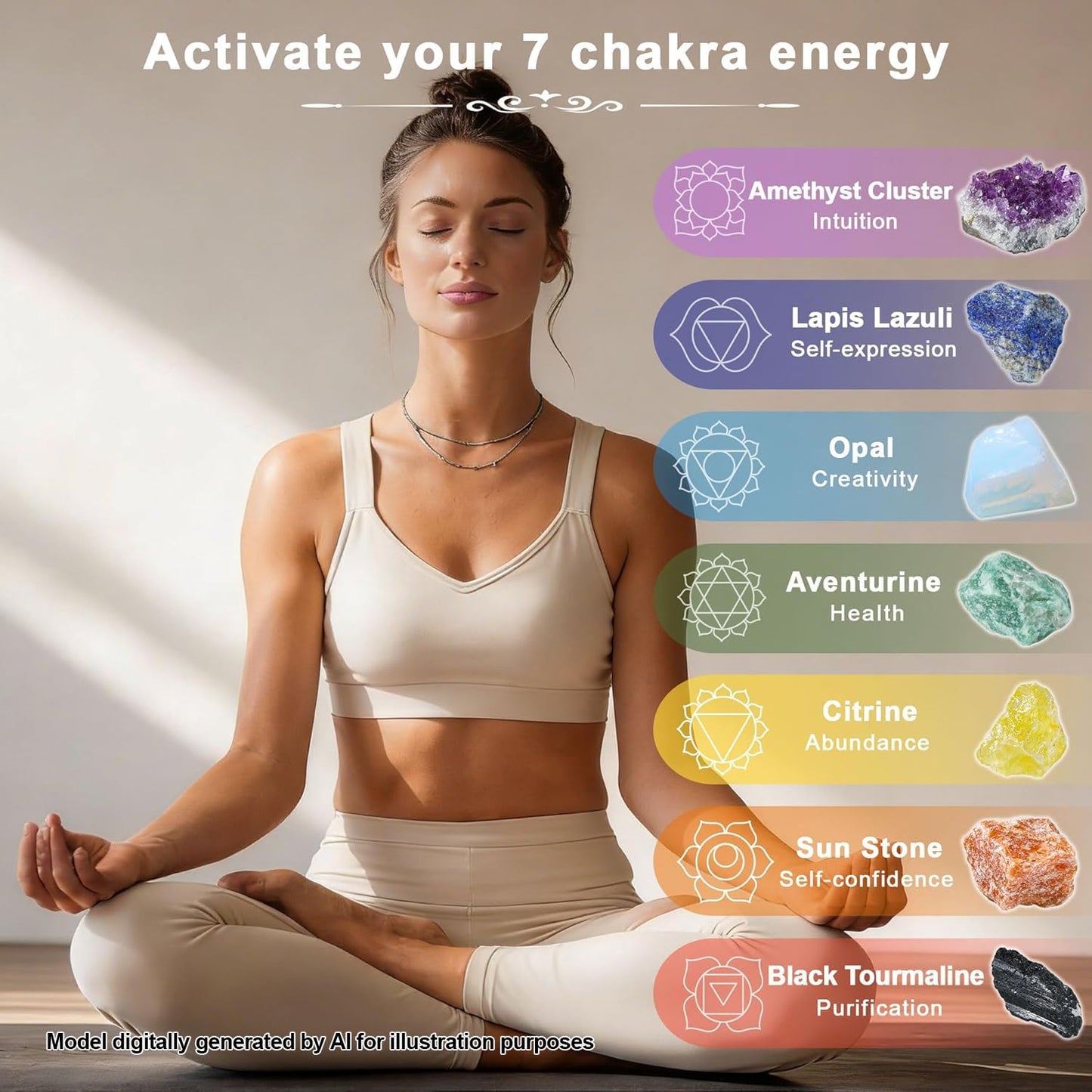 MYDAYS&DESIGN 7 Chakra Crystals Set for Meditation, Yoga Decor Gift with Amethyst Cluster, Lapis Lazuli, Green Aventurine, Citrine, Sunstone, Black Tourmaline, Crafted Box and Guide Book