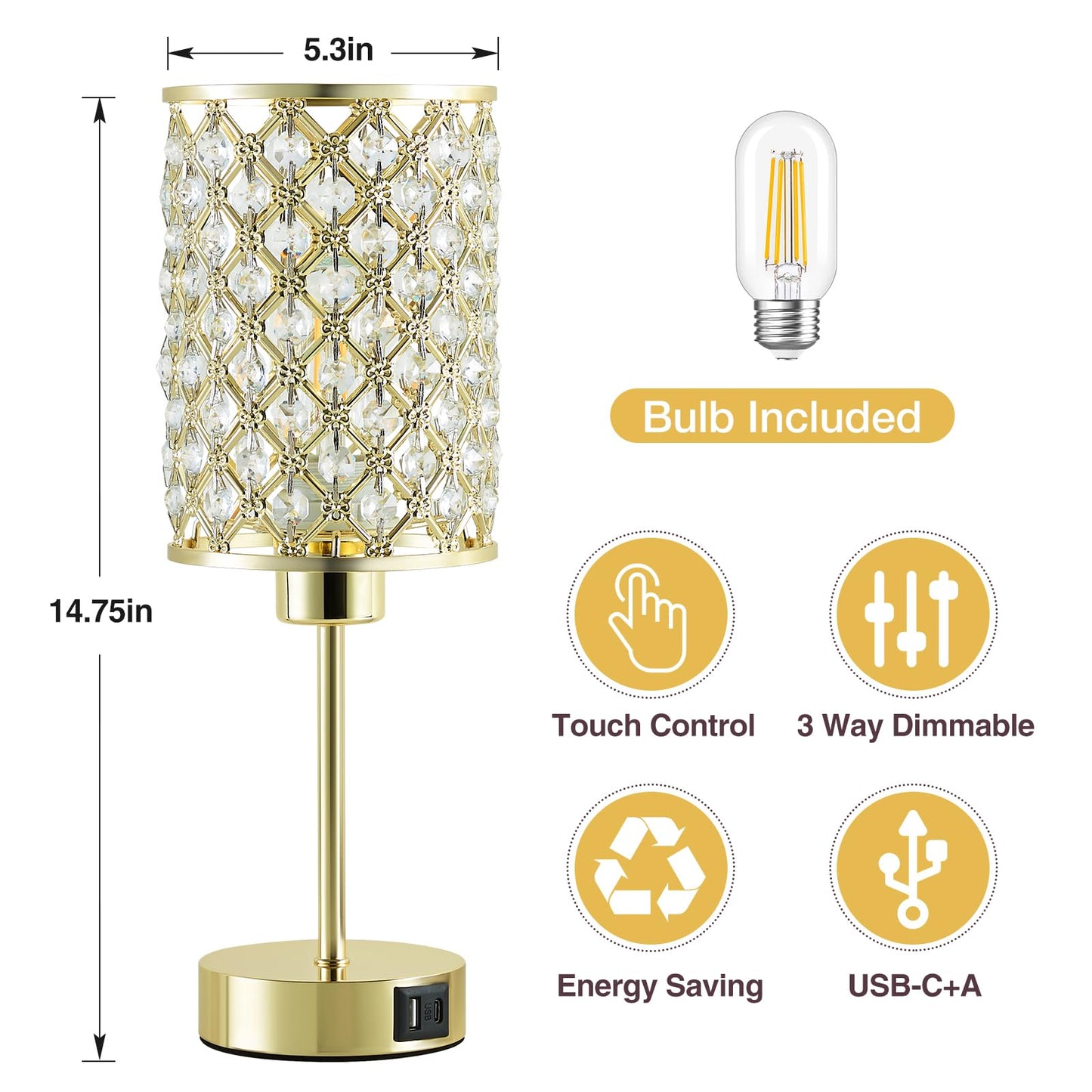 GyroVu Crystal Table Lamp, Gold Touch Lamp for Nightstand with USB C+A Ports, Dimmable Lamp with Crystal Shade, Bedside Lamp Small Lamp for Bedroom, Living Room(Buld Included)