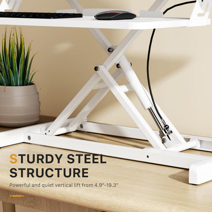 JOY worker Standing Desk Converter, 35" Wide Height Adjustable Sit Stand Up Desk Riser with Keyboard Tray, Desktop Workstation Riser for Home Office Computer Laptop, Particle Board, White
