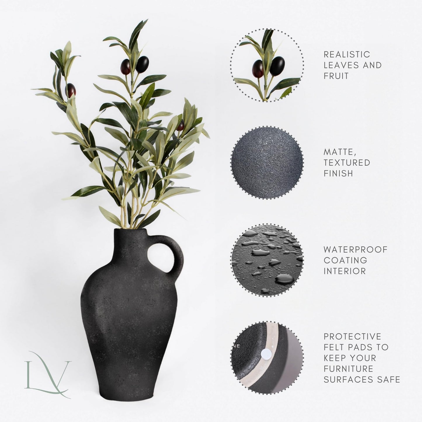 Luxurious Gift Set Textured Ceramic Vase 10 Inch with Olive Branches 22 Inch Tall Black Medium Vase Artificial Topiaries Fake Plants, Minimalist Shelf Decor, Neutral Home Office High End Gifting Decor