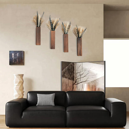 Wall Vase Set of 4 – Wooden Hanging Vases with Pampas Grass & Eucalyptus Dried Flowers – Modern Farmhouse Home Decor for Living Room, Entryway, Bathroom, Hallway & Dining Room