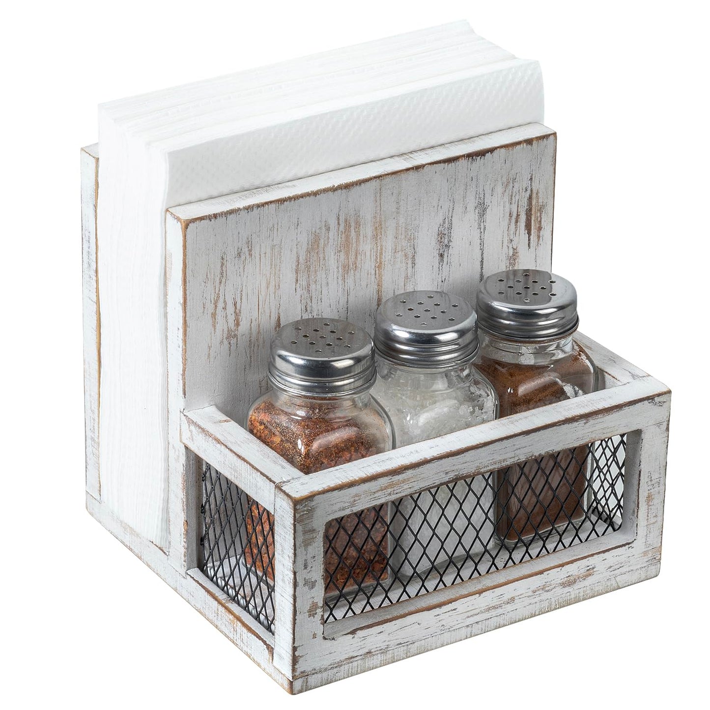 FARM IN Napkin Holder, Farmhouse Multifunctional Napkin Holder with Salt and Pepper Shakers Holder for Home and Commercial Use, Rustic Solid White Washed Wood & Diamond Metal Wire Mesh