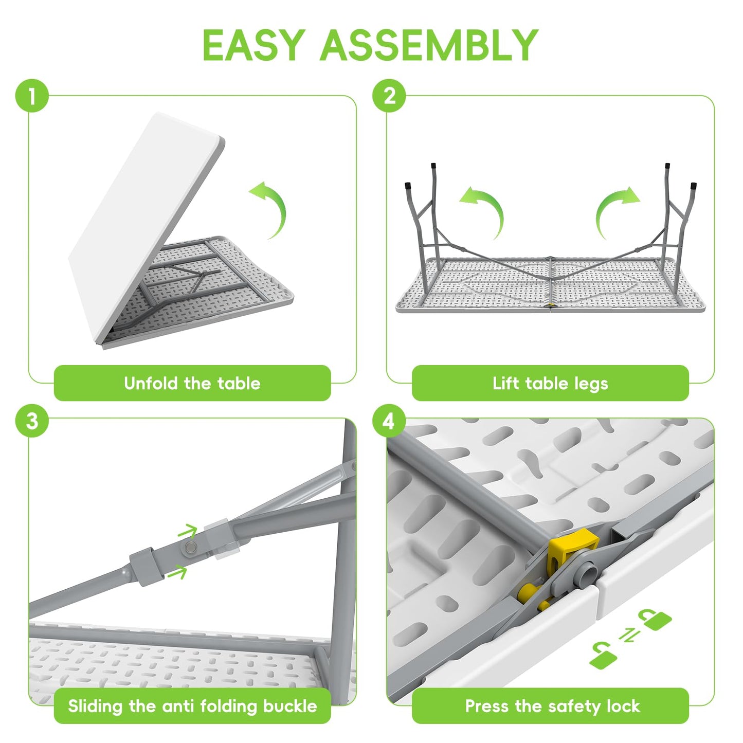 HLPB Folding Table - 2 Pcs, 6 ft Portable Camping Table with Handle and Safety Locks, Foldable Plastic Dining Table for Indoor/Outdoor Use, Perfect for Picnics and Parties