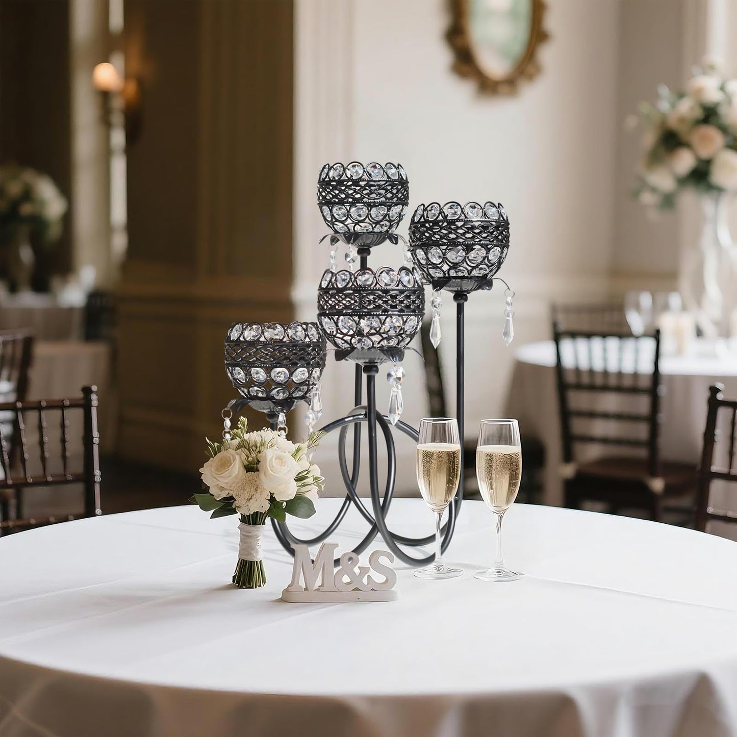 4 Arms Crystal Candelabra Tealight Holder - Tall 15.7 Inch Elegant Centerpiece with Crystal Pendant Bowls & Artistic Metal Stand for Wedding, Dining Table, Home Decor (4, Black)