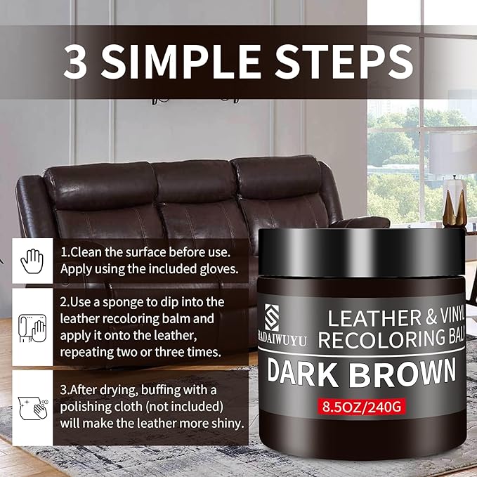 Leather Recoloring Balm, 8.5oz Leather Color Restorer, Dark Brown Leather