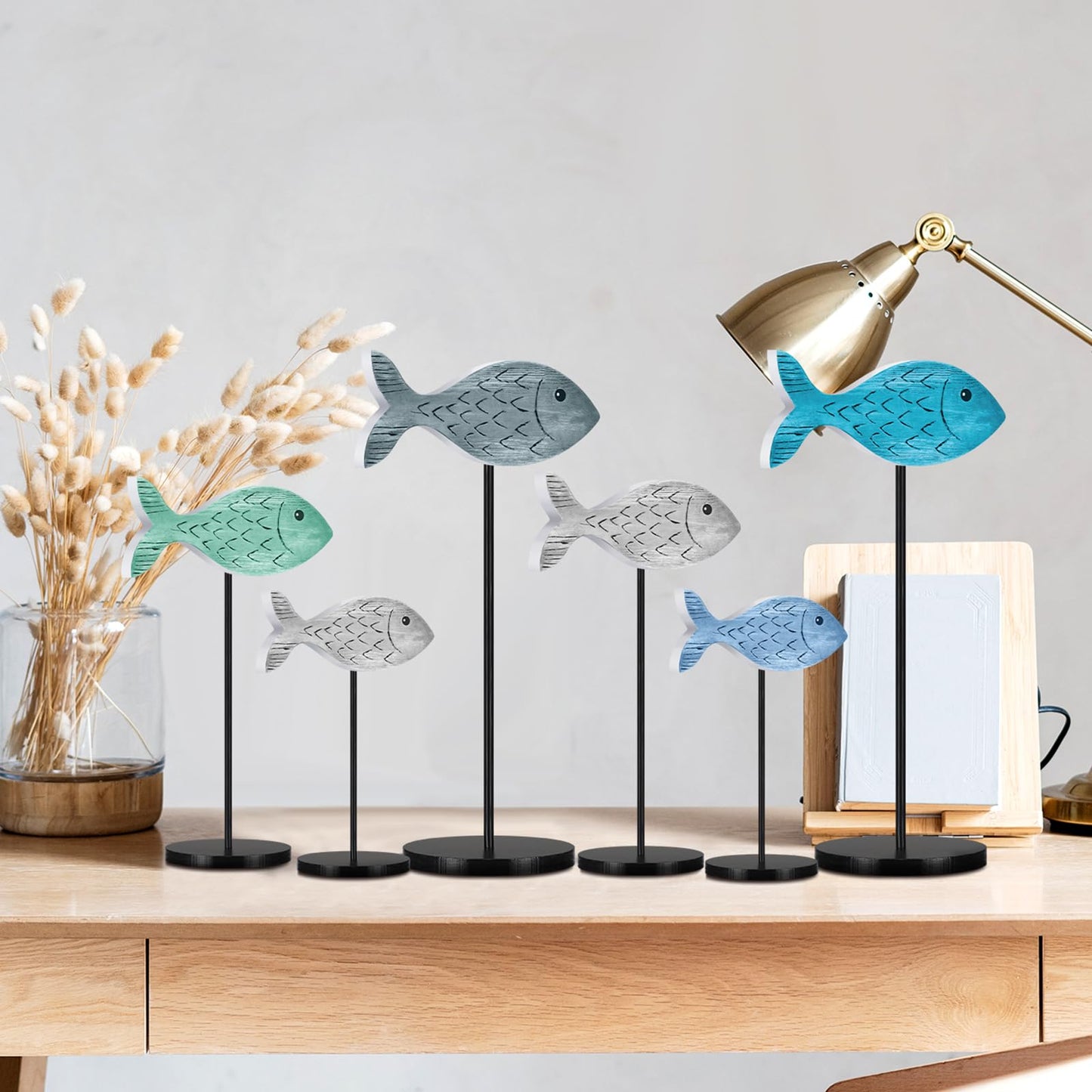 Geetery 6 Pcs Wooden Fish Table Decor Summer Ocean Tabletop Centerpiece Sea Animal Standing Sign Rustic Wood Fish Home Decor Coastal Beach Figurines Block for House Office(Classic Style)