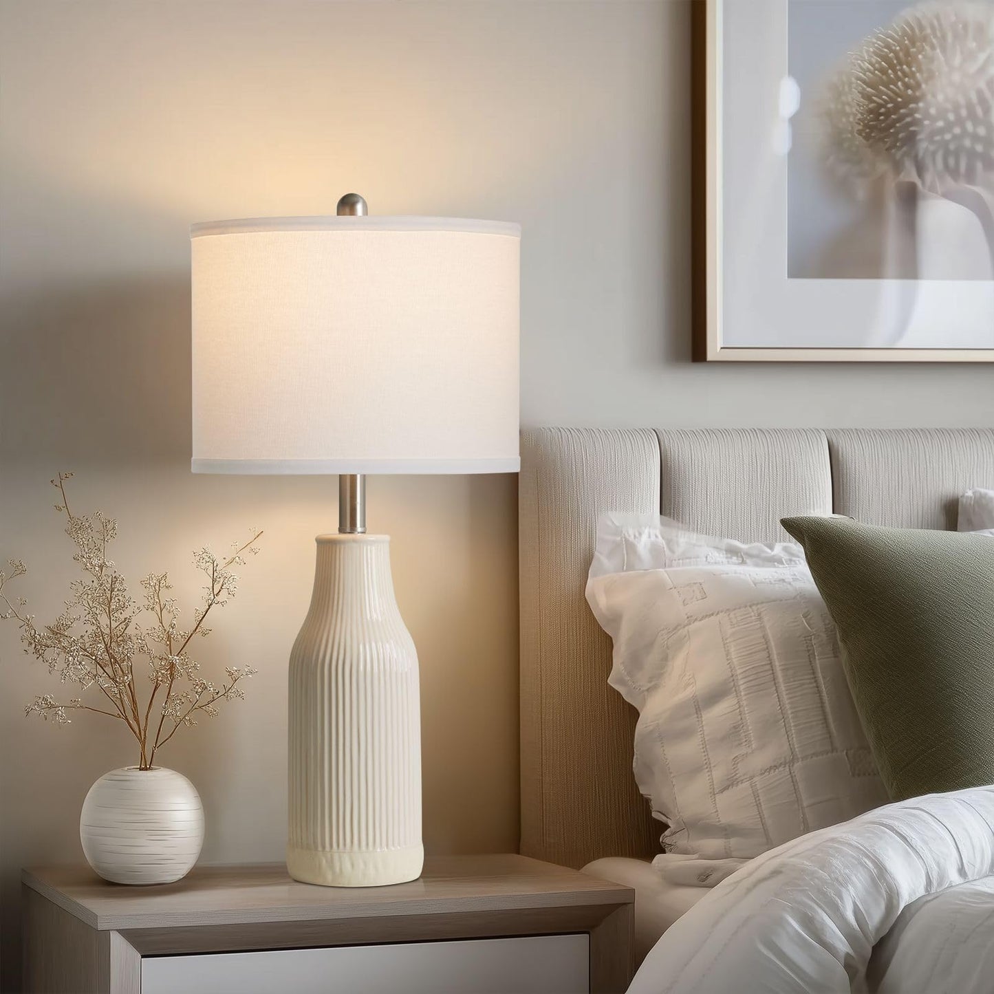 luxeflow 24.5" Ceramic Table Lamps Set of 2, Modern Farmhouse Bedside Lamps for Bedroom Nightstand, Small Table Lamp for Living Room End Table, Beige (2 LED Bulbs Included)
