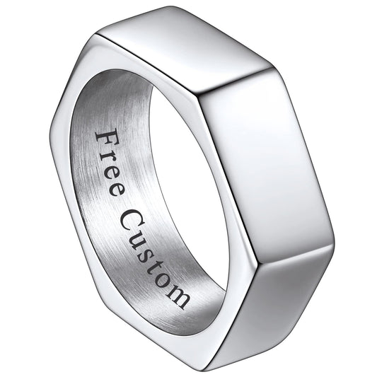 ChainsHouse Hexagon Ring Stainless Steel Geometric Biker Bands Custom Engraved Punk Jewelry for Men Women, Size 14