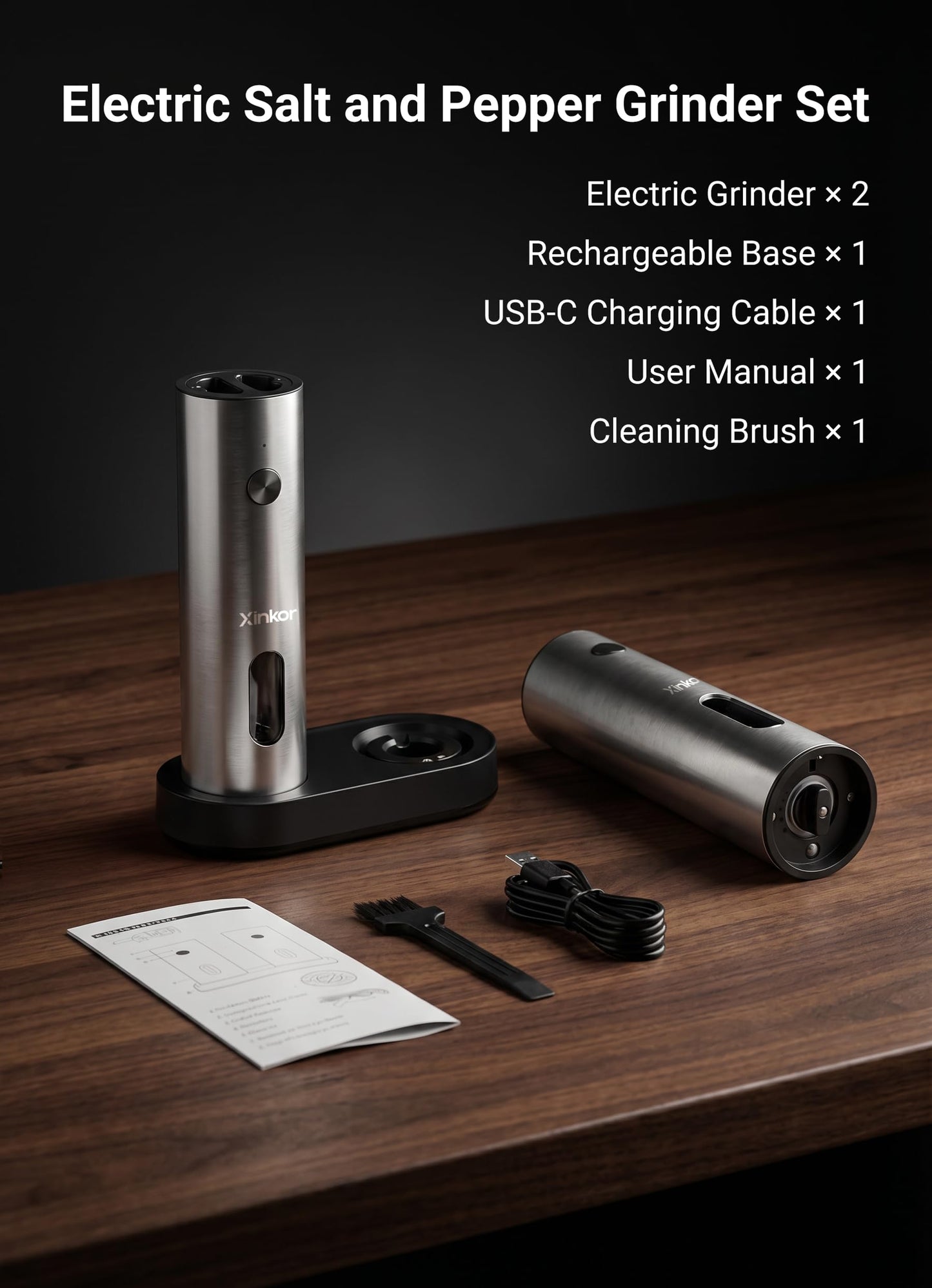 XINKOR Electric Salt and Pepper Grinder Set with USB-C Charging Base, Stainless Steel Automatic Rechargeable Salt and Pepper Grinder with LED Light & Large Capacity, 6 Adjustable Coarseness Settings