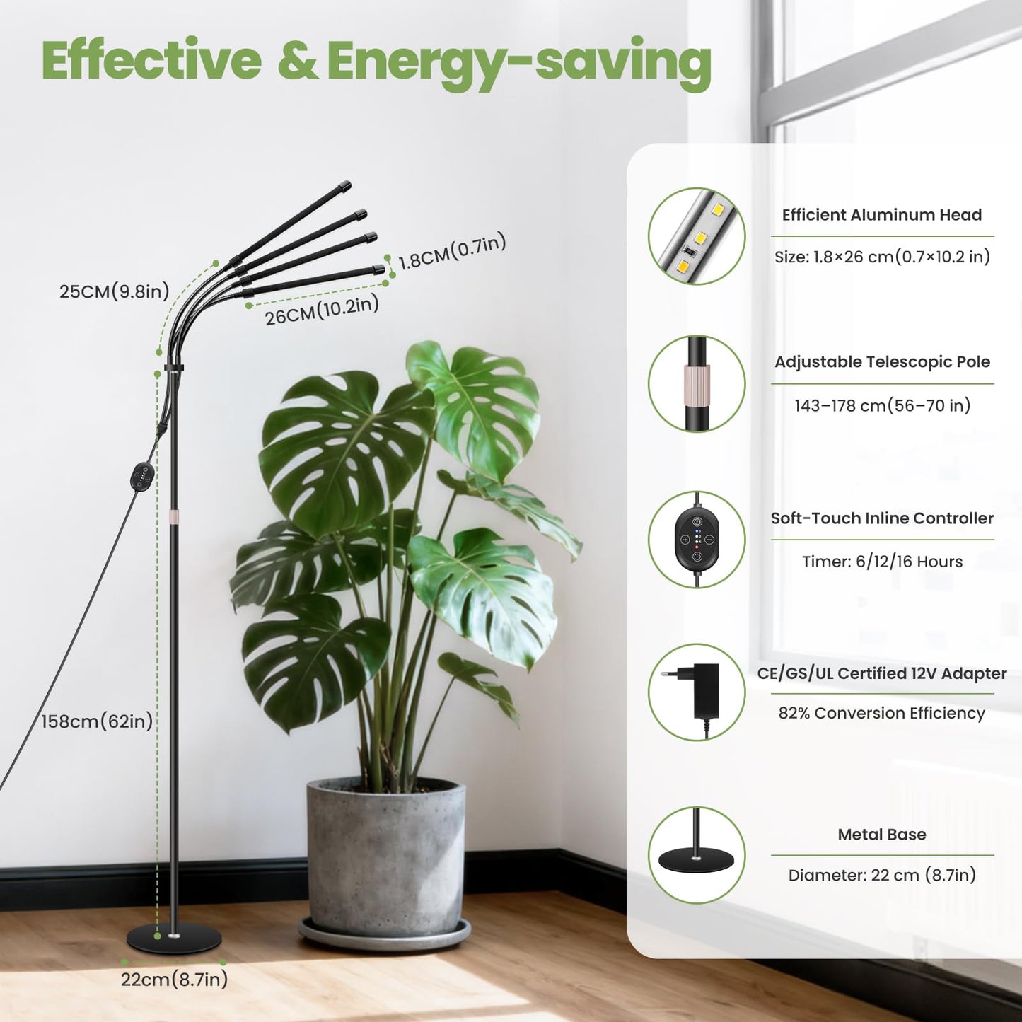 SENCHIKER Floor Plant Grow Light 12V, 660nm-Enhanced Full Spectrum, LED Grow Lamp with Timer & Dimmable, High PPFD 320 µmol/s/m²@6in, 20W Plant Light for Indoor Growing, E20-B